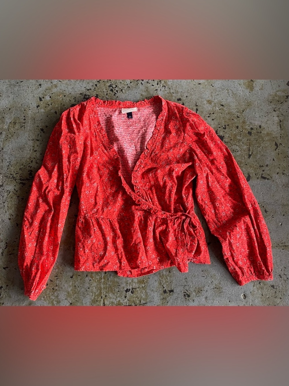 Universal Thread Orange/Red Floral Wrap Long Sleeve Blouse Size Large